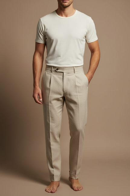 Pantalon Beige Élégant Plissé Droit Décontracté Homme - Lin