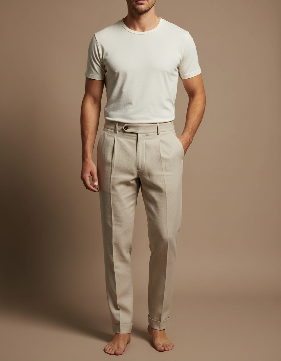 Pantalon Beige Élégant Plissé Droit Décontracté Homme - Lin