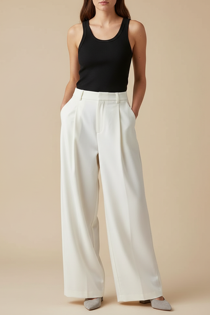 Pantalon Beige Plissé Ample Fluide Élégant Femme - Polyester