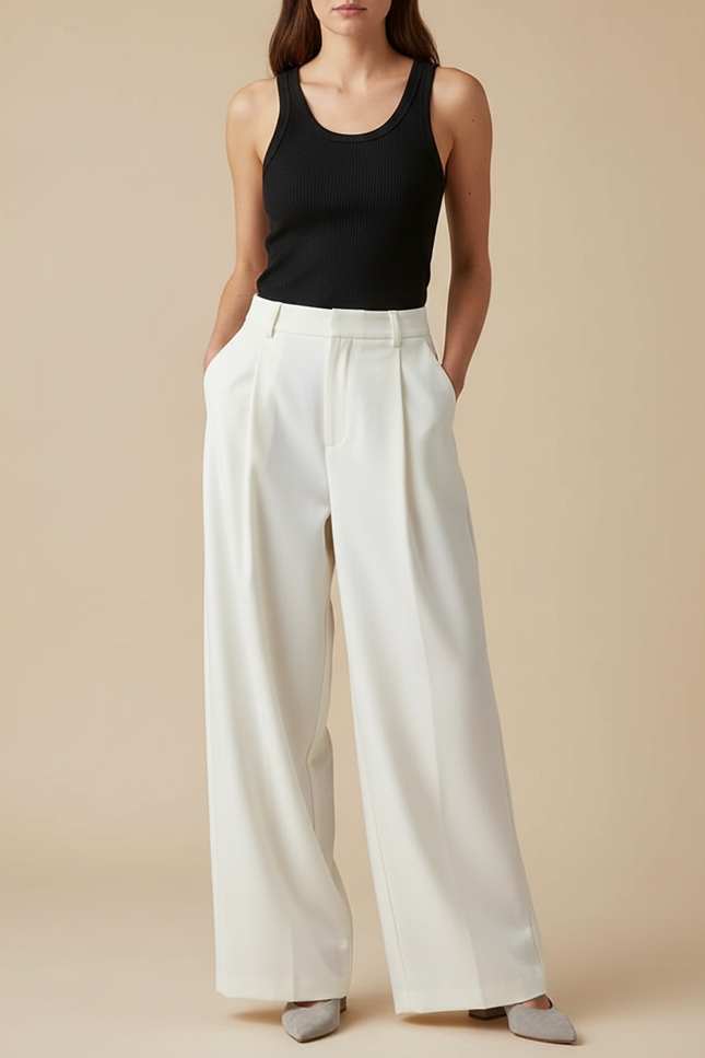 Pantalon Beige Plissé Ample Fluide Élégant Femme - Polyester