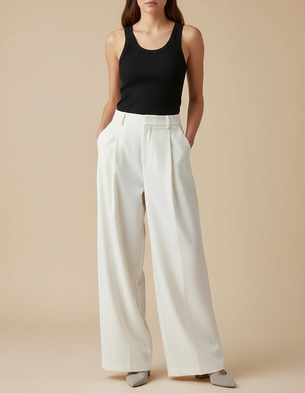 Pantalon Beige Plissé Ample Fluide Élégant Femme - Polyester