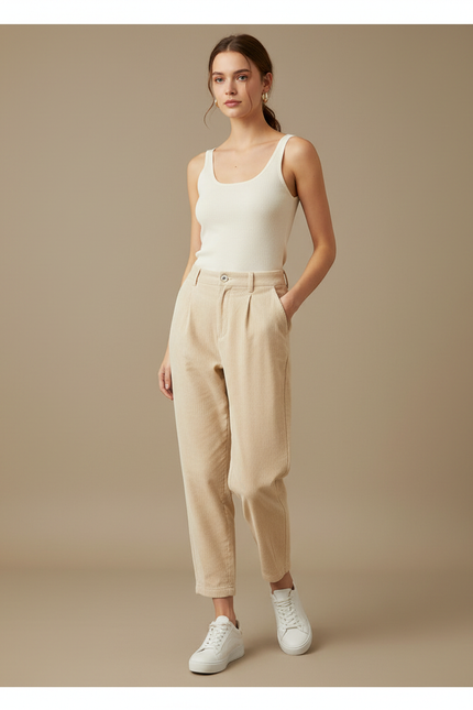 Pantalon Beige Côtelé Ample Décontracté Femme Plissé - Cordé