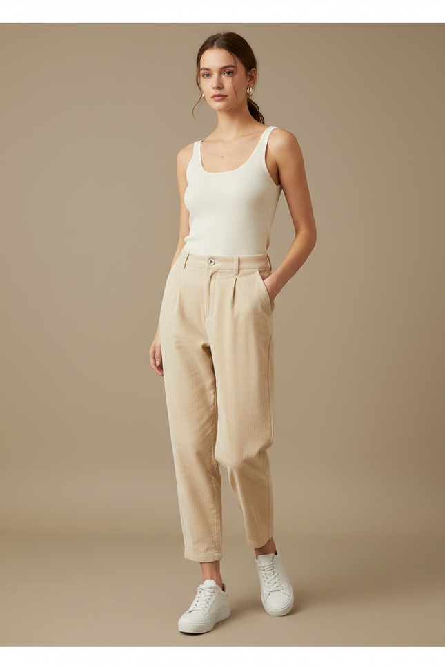 Pantalon Beige Côtelé Ample Décontracté Femme Plissé - Cordé