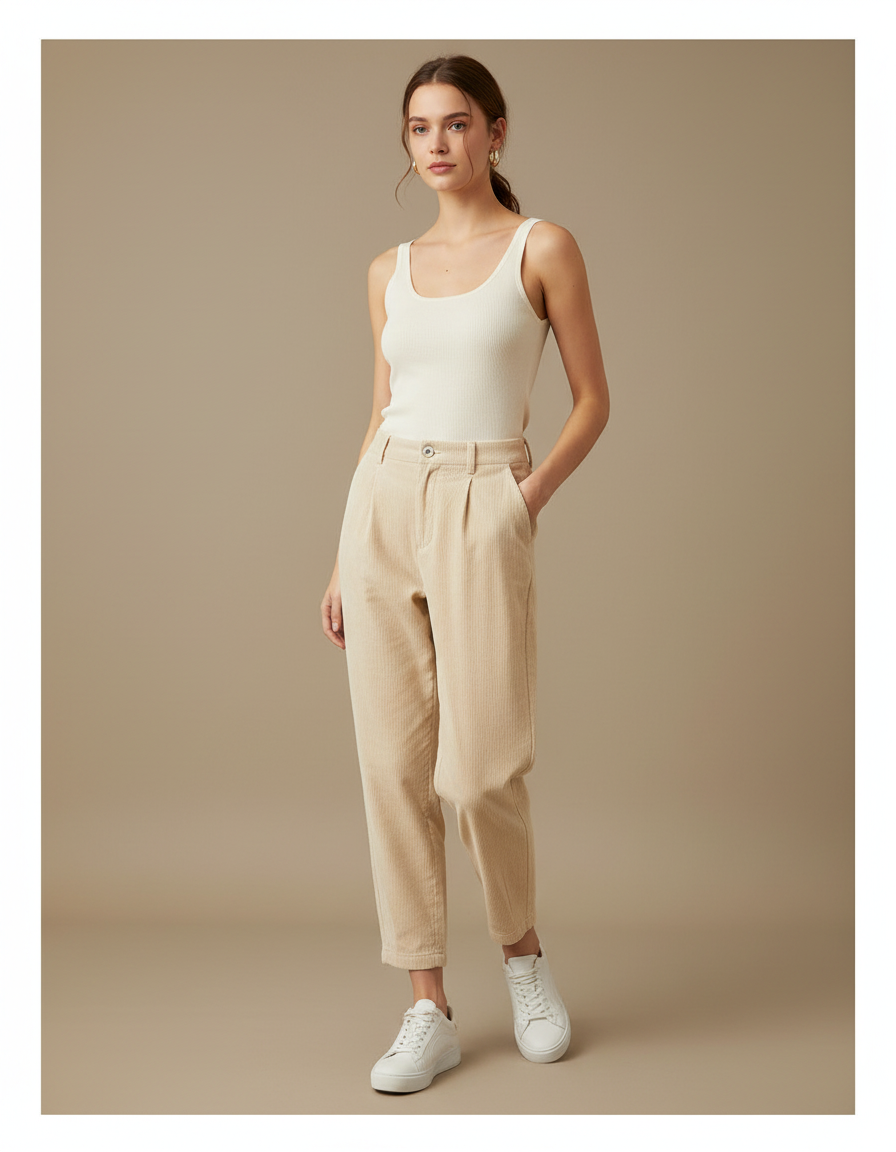 Pantalon Beige Côtelé Ample Décontracté Femme Plissé - Cordé