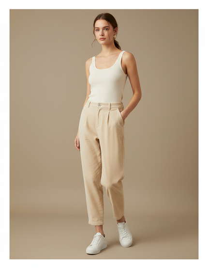 Pantalon Beige Côtelé Ample Décontracté Femme Plissé - Cordé