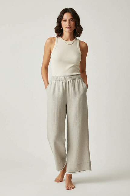 Pantalon Beige Lin Ample Décontracté Fluide