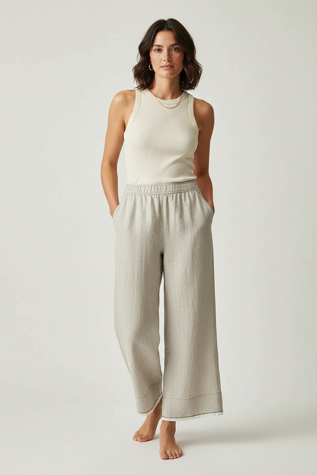 Pantalon Beige Lin Ample Décontracté Fluide