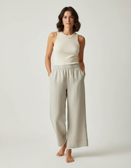 Pantalon Beige Lin Ample Décontracté Fluide