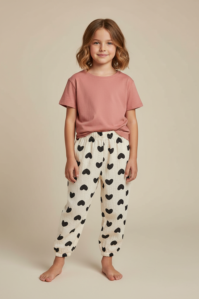 Pantalon Beige Coeur Noir Ample Confortable Enfant - Coton