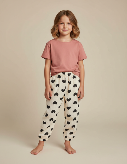 Pantalon Beige Coeur Noir Ample Confortable Enfant - Coton