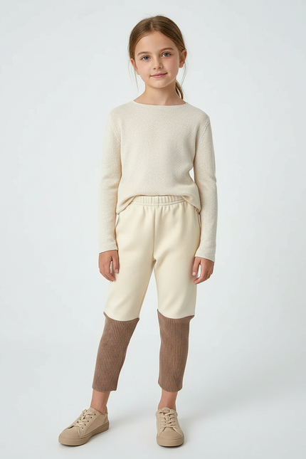 Pantalon Beige Enfant Bicolore Côtelé Ample Doux - Maille