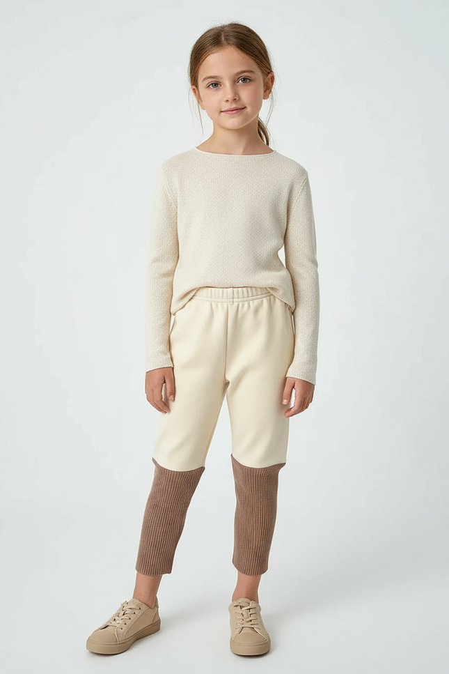 Pantalon Beige Enfant Bicolore Côtelé Ample Doux - Maille