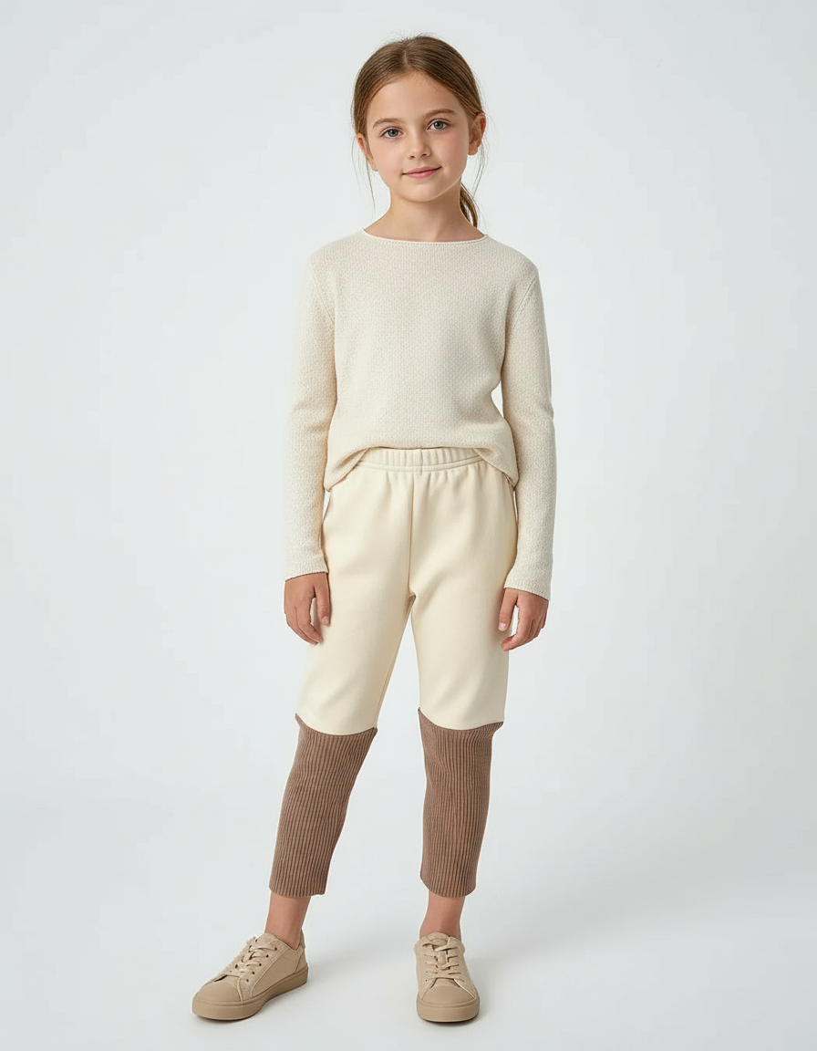 Pantalon Beige Enfant Bicolore Côtelé Ample Doux - Maille