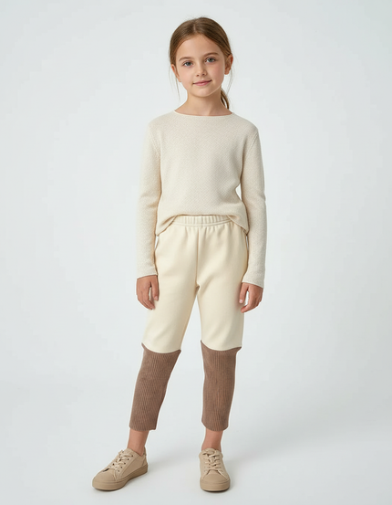 Pantalon Beige Enfant Bicolore Côtelé Ample Doux - Maille