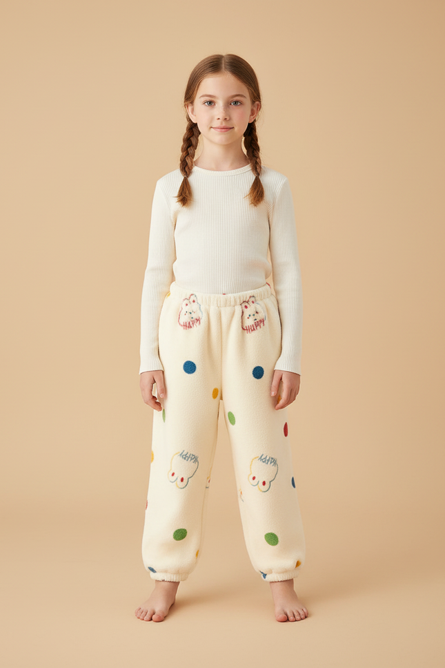 Pantalon Beige Molletonné Points Colorés Lapin Enfant