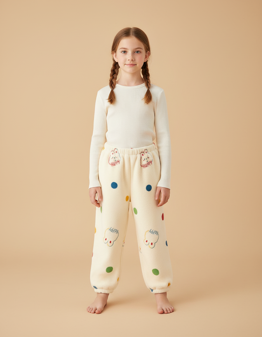 Pantalon Beige Molletonné Points Colorés Lapin Enfant
