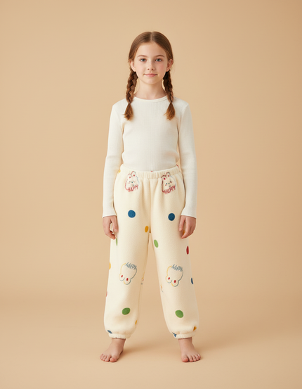 Pantalon Beige Molletonné Points Colorés Lapin Enfant