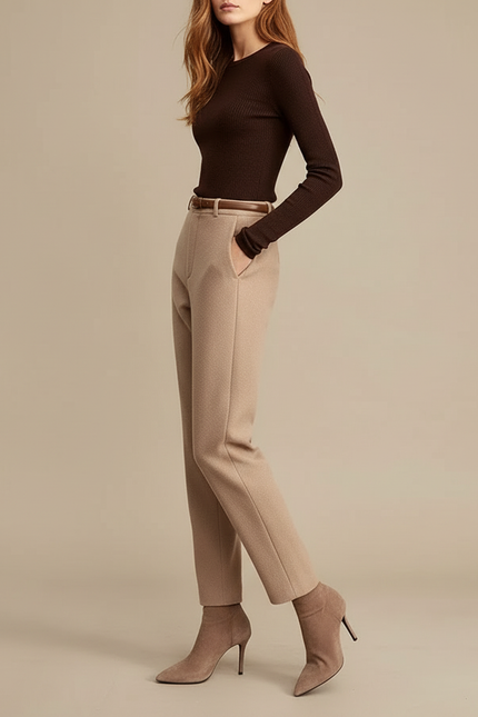 Pantalon Beige Droit Laine Mélangée Élégant