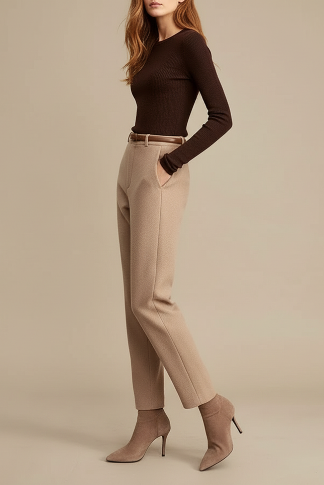 Pantalon Beige Droit Laine Mélangée Élégant