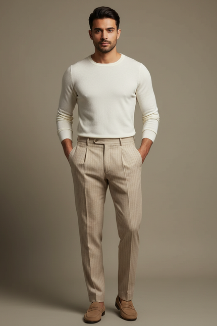 Pantalon Beige Plissé Rayé Élégant Homme - Laine