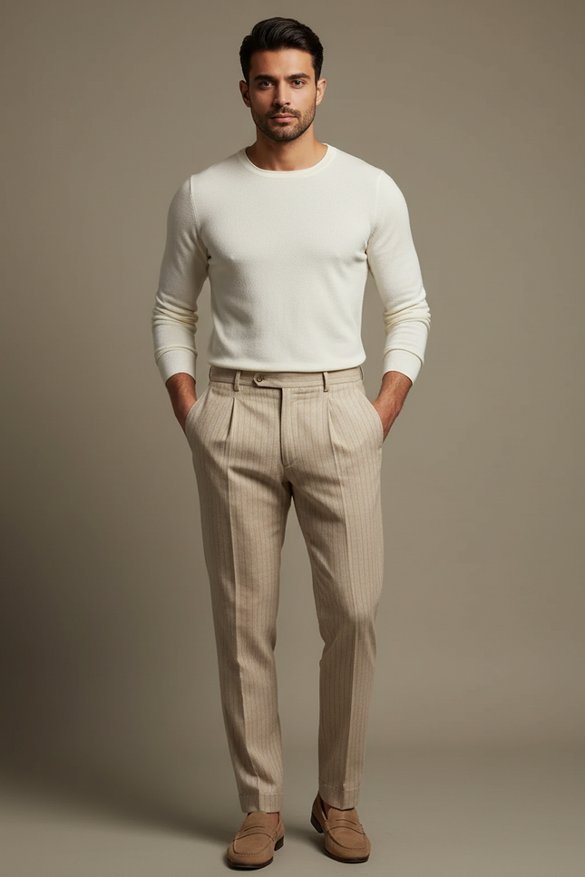 Pantalon Beige Plissé Rayé Élégant Homme - Laine