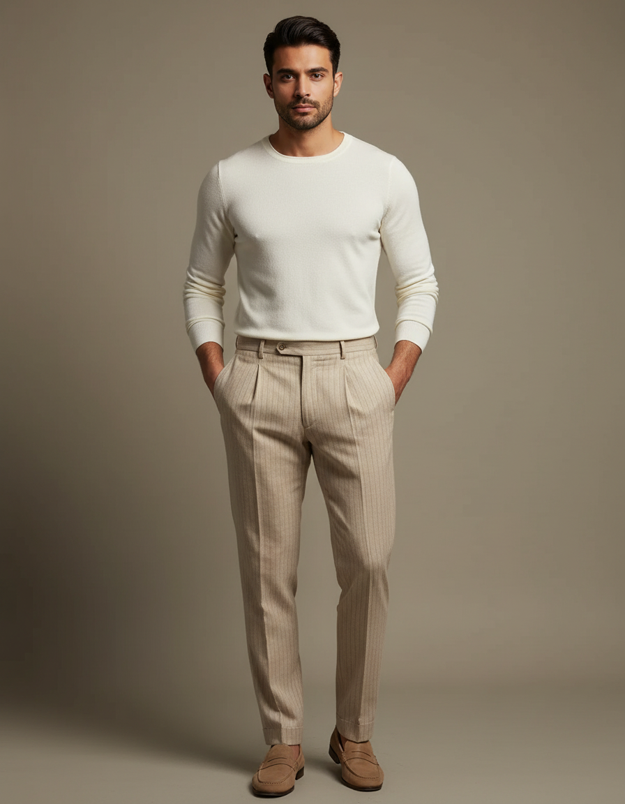 Pantalon Beige Plissé Rayé Élégant Homme - Laine