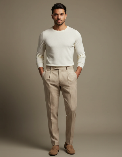 Pantalon Beige Plissé Rayé Élégant Homme - Laine