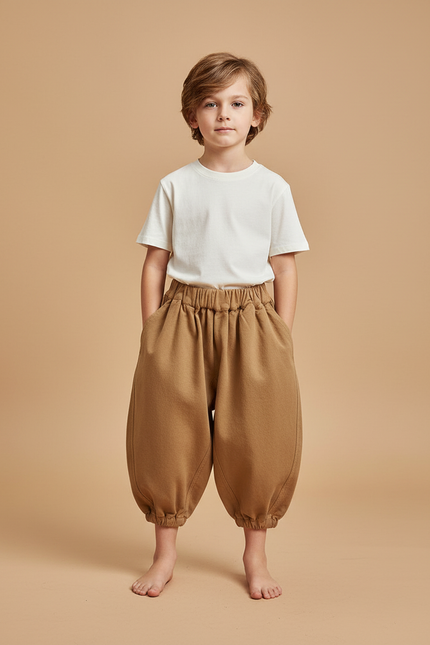 Pantalon Beige Ample Sarouel Garçon Coton - Camel Molleton