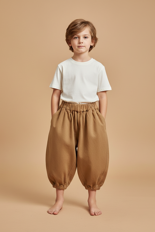 Pantalon Beige Ample Sarouel Garçon Coton - Camel Molleton