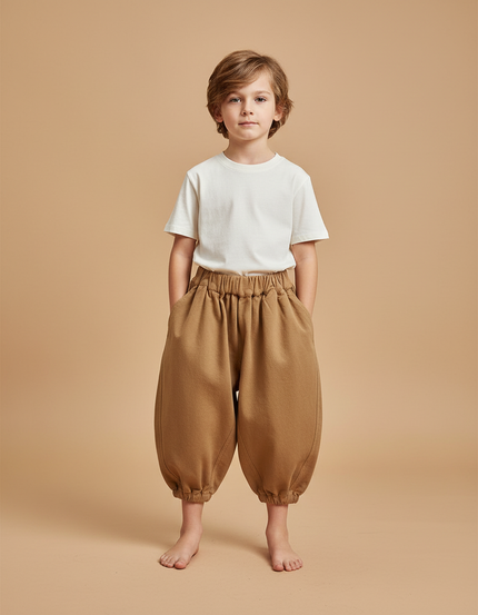 Pantalon Beige Ample Sarouel Garçon Coton - Camel Molleton