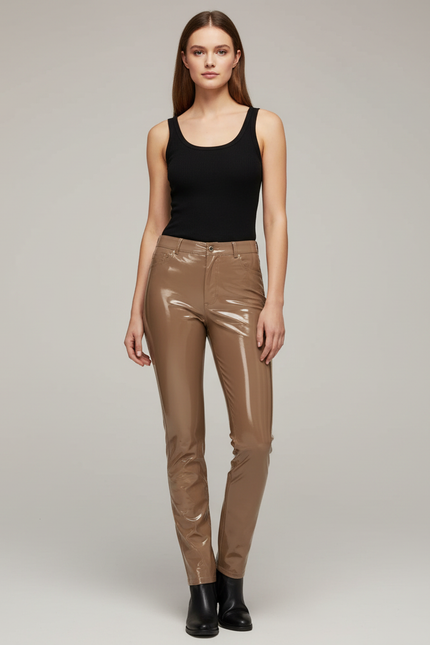 Pantalon Simili Beige Femme - Simili cuir