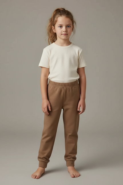 Pantalon Beige Coton Ample Décontracté Enfant Uni - Marron Molleton