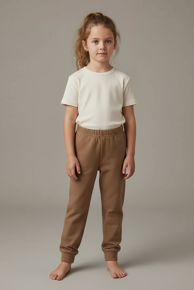 Pantalon Beige Coton Ample Décontracté Enfant Uni - Marron Molleton