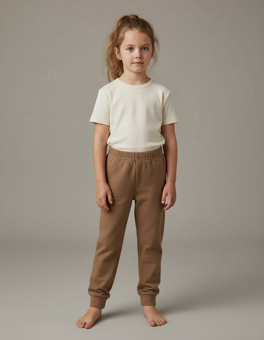 Pantalon Beige Coton Ample Décontracté Enfant Uni - Marron Molleton