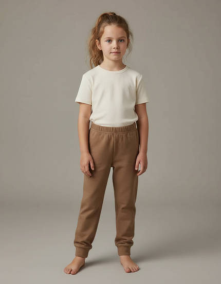 Pantalon Beige Coton Ample Décontracté Enfant Uni - Marron Molleton
