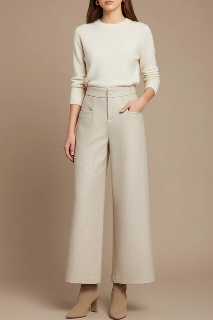 Pantalon Beige Laine Large Décontracté Élégant