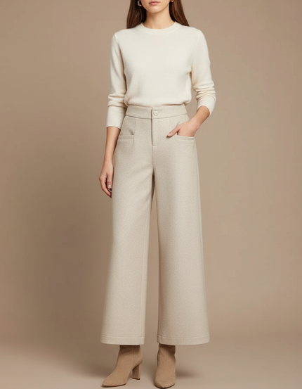 Pantalon Beige Laine Large Décontracté Élégant