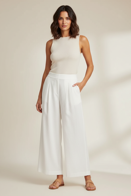 Pantalon Beige Ample Plissé Fluide Élégant Femme - Blanc Lin