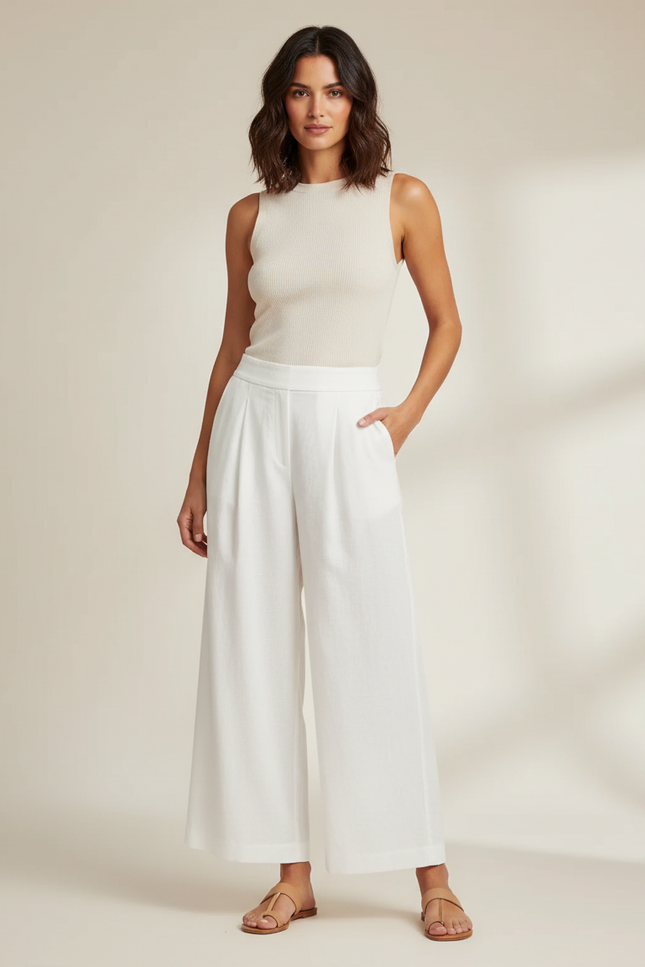 Pantalon Beige Ample Plissé Fluide Élégant Femme - Blanc Lin