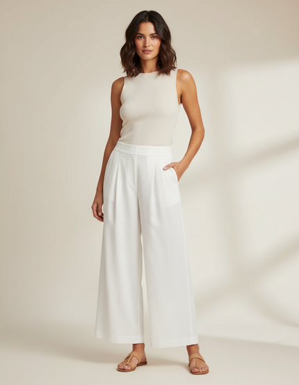 Pantalon Beige Ample Plissé Fluide Élégant Femme - Blanc Lin