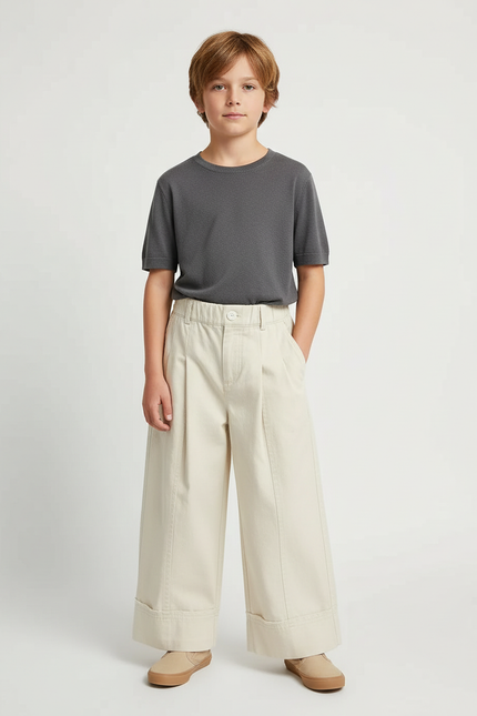 Pantalon Beige Ample Plissé Décontracté Enfant - Toile