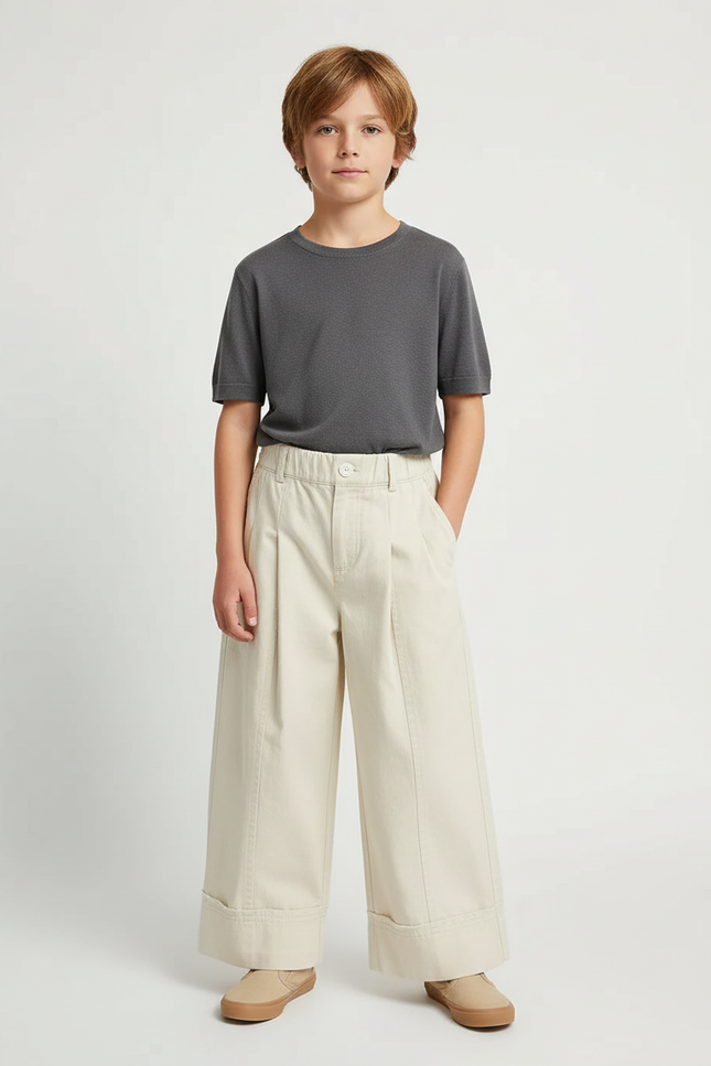 Pantalon Beige Ample Plissé Décontracté Enfant - Toile