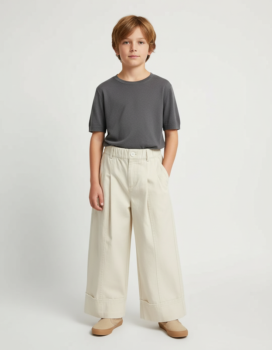 Pantalon Beige Ample Plissé Décontracté Enfant - Toile