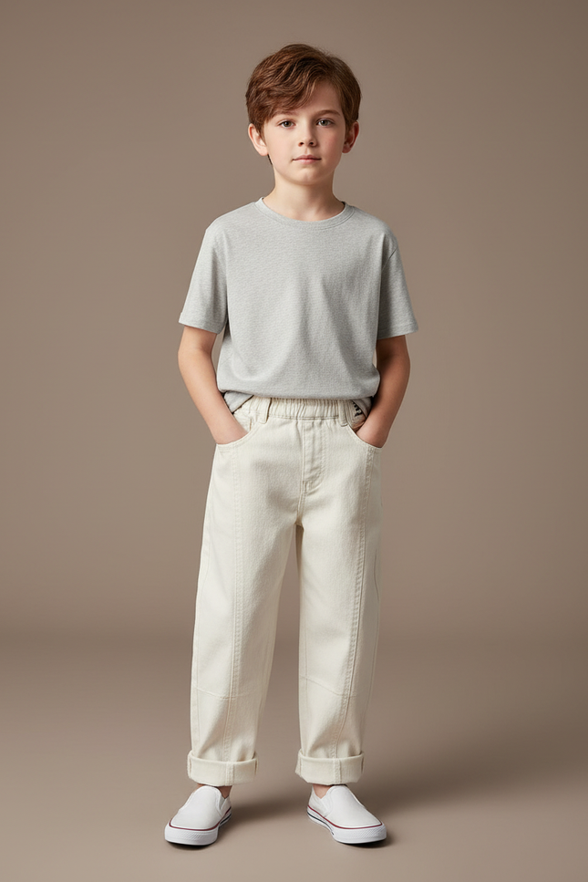 Pantalon Beige Ample Coton Élastiqué Enfant Garçon - Toile