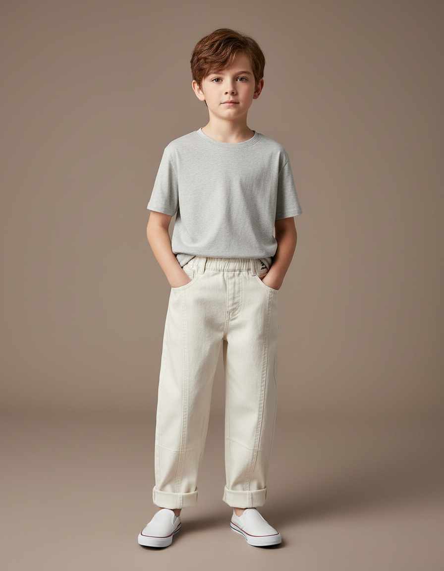 Pantalon Beige Ample Coton Élastiqué Enfant Garçon - Toile