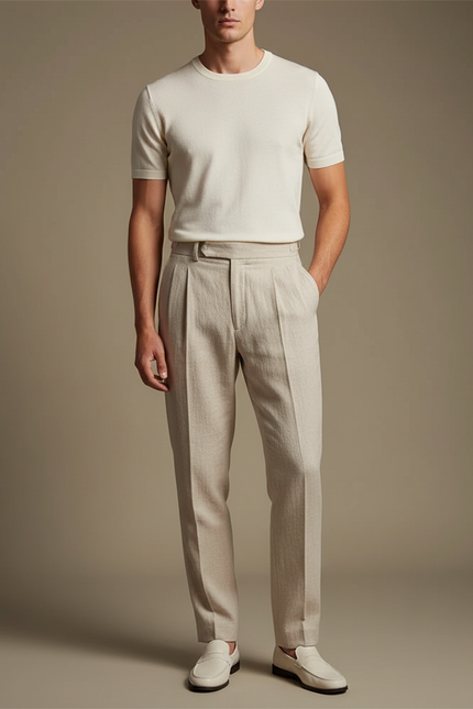 Pantalon Beige Droit Plissé Élégant Homme Décontracté - Lin