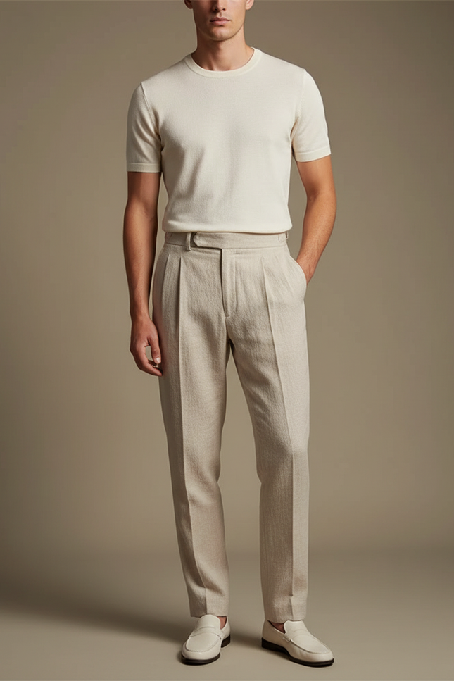 Pantalon Beige Droit Plissé Élégant Homme Décontracté - Lin