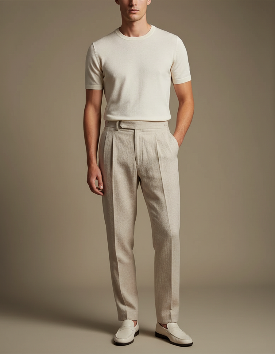 Pantalon Beige Droit Plissé Élégant Homme Décontracté - Lin