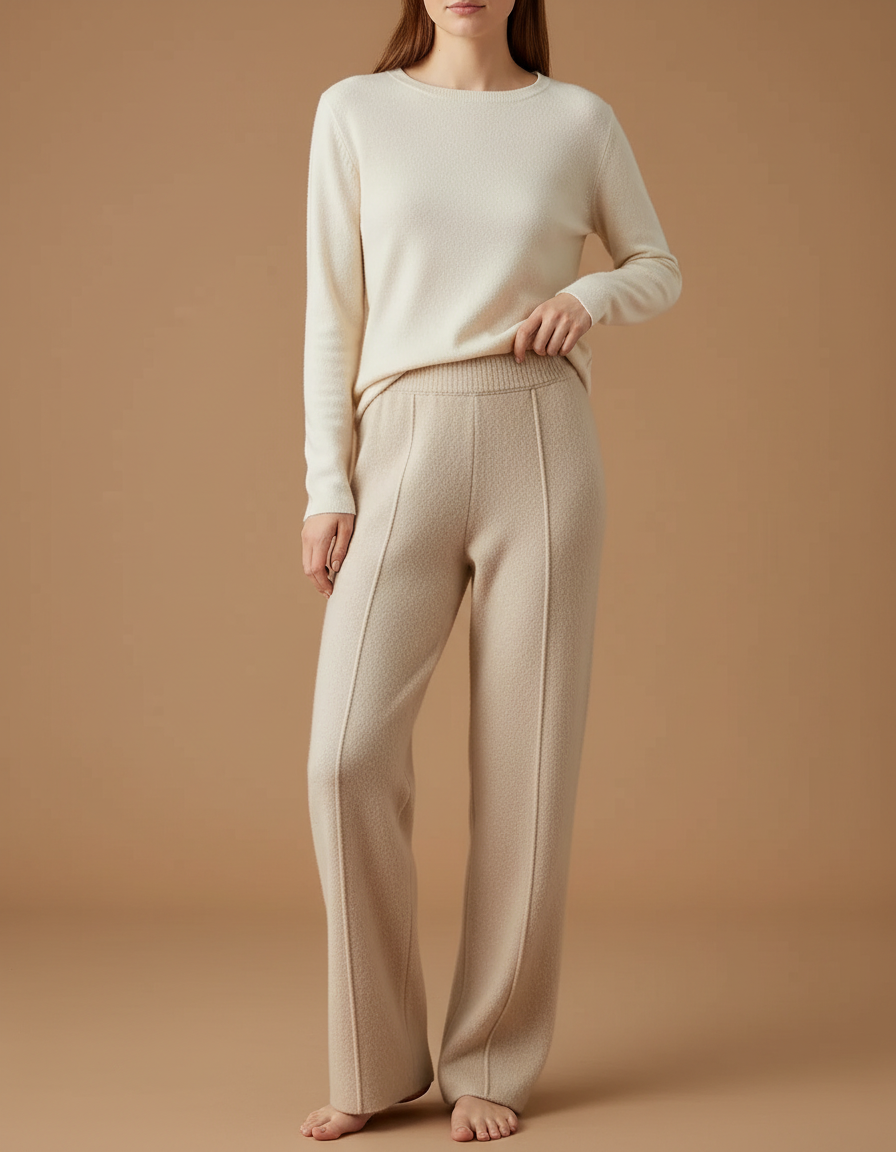 Pantalon Beige Maille Tricoté Ample Décontracté Femme