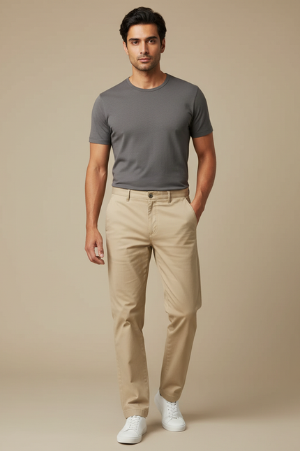 Pantalon Beige Homme Droit Coton Décontracté Chino
